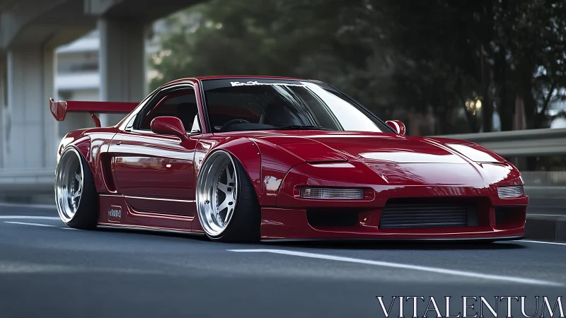 Stanced red mid‑engine sports car with aero kit on city road