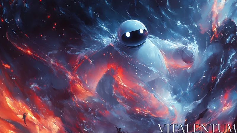 Gentle robot drifts through swirling cosmic fire and ice.