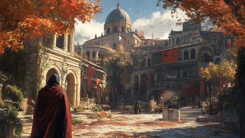 Cloaked traveler enters sunlit autumnal Roman courtyard.