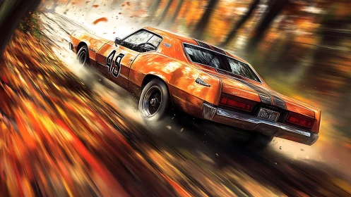 Vintage orange muscle car drifts through autumn forest with motion blur