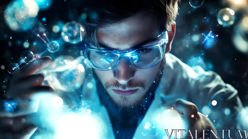 Scientist with molecular graphics in illuminated laboratory space.