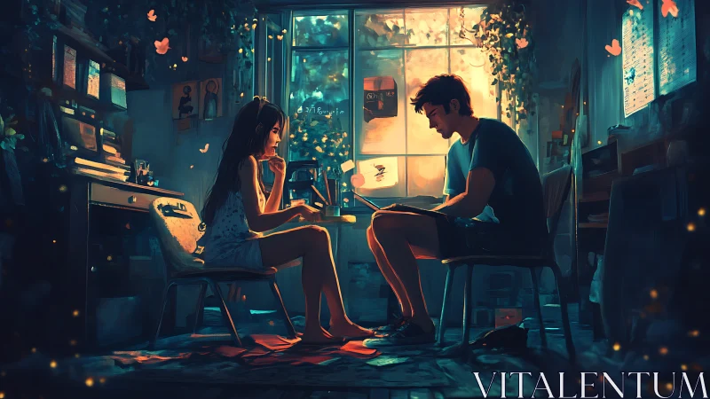 Digital composite depicting two figures in moody interior with warm tungsten illumination and cinema