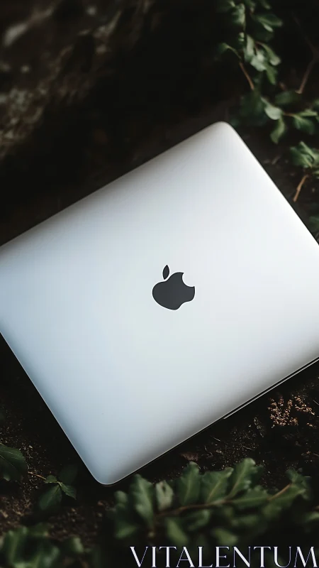 Sleek silver laptop rests softly amid deep forest foliage.