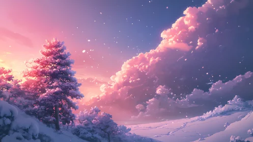 Winter trees under pink clouds at sunset over open snowfield.
