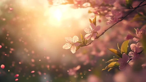 Cherry Blossoms Bathed in Golden Sunlight Glow.