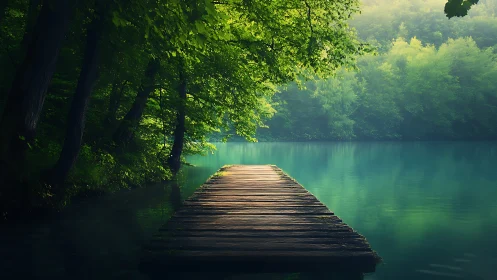 Timber lakeside jetty under dense summer forest canopy glow