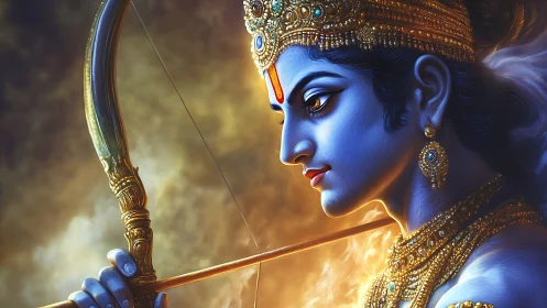 Blue archer prince in molten gold light of sacred resolve.