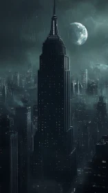 Noir skyscraper under moonlit storm above dense cityscape.