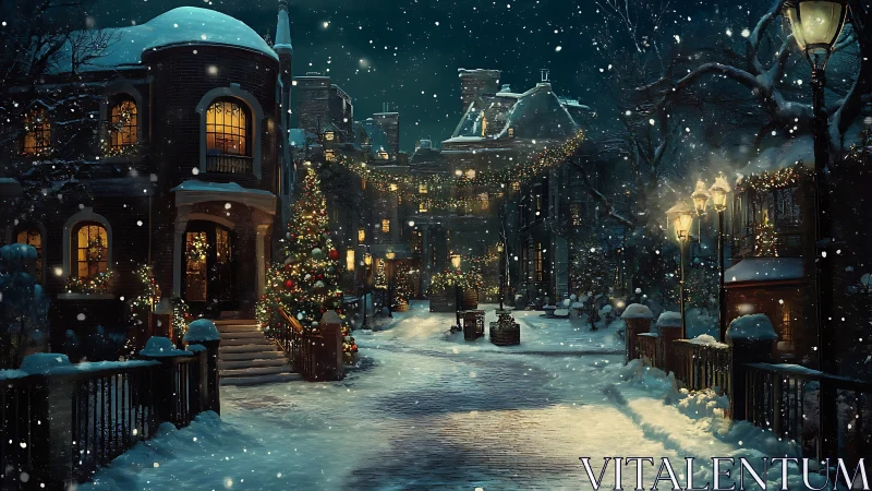 Snow-covered holiday street glows with warm architectural lighting