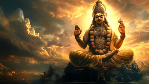 Radiant golden deity in levitating lotus pose over vast temples.
