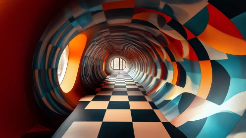 Surreal checkered tunnel curves toward bright circular window
