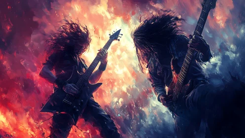 Heavy metal guitarists in explosive abstract stage lighting.