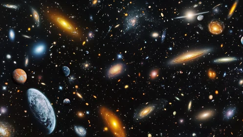 Expansive multiverse starfields with luminous spiral galaxies.