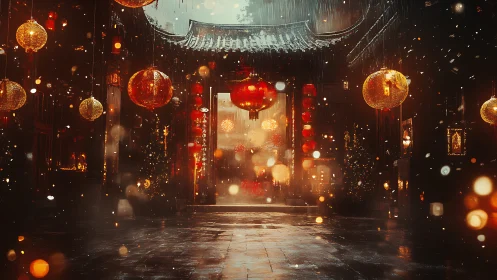 Golden lantern courtyard glows through winter festival rain.