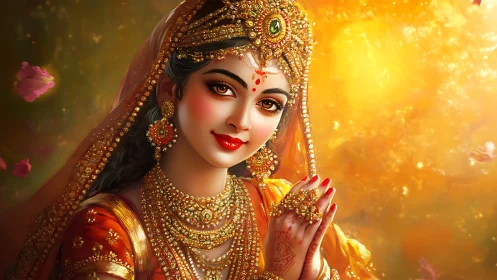 Golden glow of a serene, jewel crowned goddess portrait.