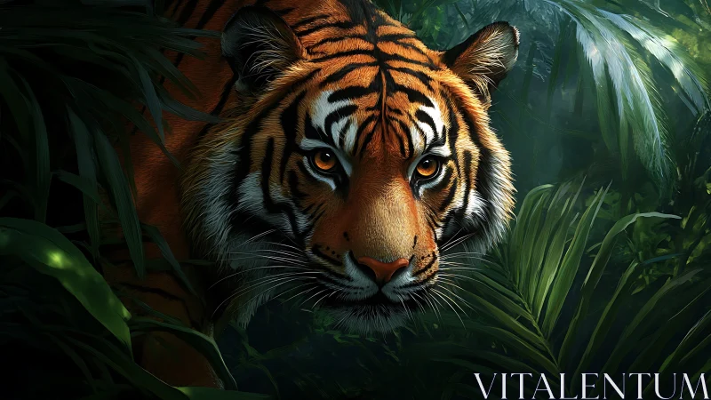 Tiger portrait emerging from dense green jungle foliage.