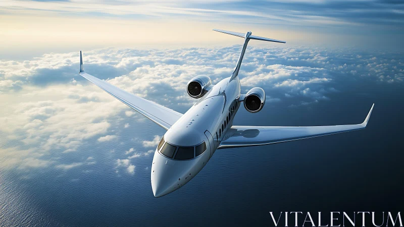 Business jet aircraft in level flight above cloud layer.