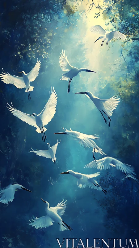 Graceful white herons drifting through a glowing blue sky.