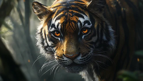 Predatory tiger stalks through shadowed forest clearing