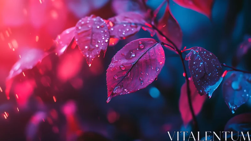 Bioluminescent raindrops articulate neon-lit foliage surfaces