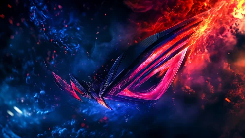 Neon fractal emblem slicing through dual fire and frost clouds.