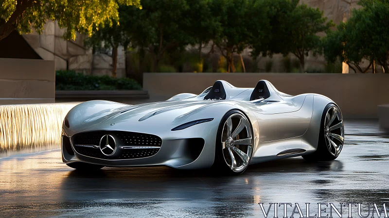 Mercedes speedster concept car in reflective urban courtyard