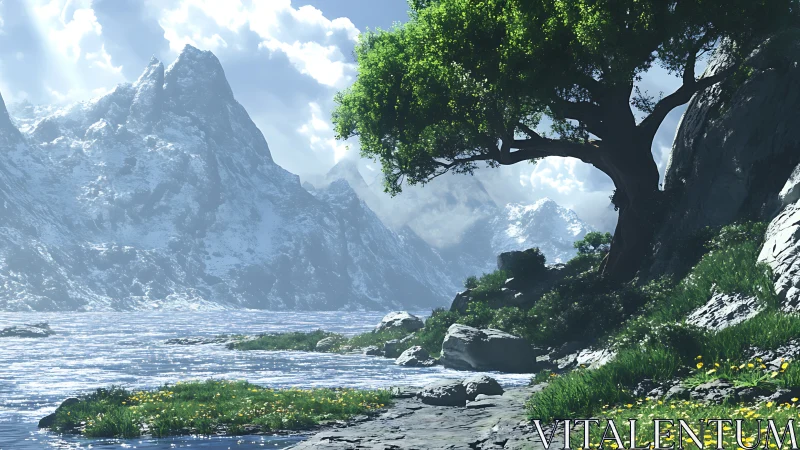 Sunlit alpine shoreline renders high-contrast natural drama