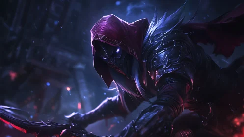 Armored hooded archer in dynamic low-key lighting with spectral glow