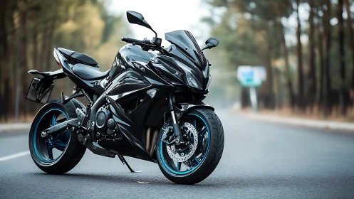 Sport motorcycle stands on empty forest road in daylight