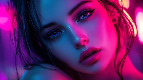 Neon lit close-up portrait of digitally rendered female face.