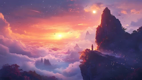 Solitary figure above clouds under vivid fantasy sunset.