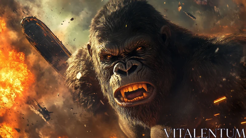 Giant gorilla rendered in mid-roar amid exploding debris