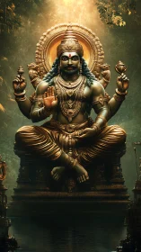 Divine seated deity glows in ornate golden temple setting.