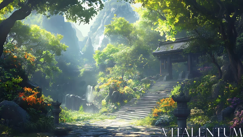 Stone steps lead to a shaded gate in a dense forest valley