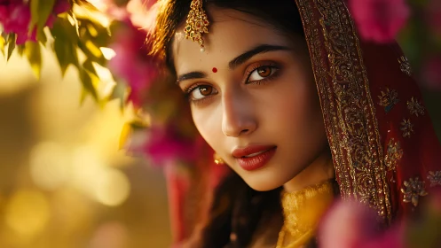 Golden hour gaze beneath embroidered scarlet veil.