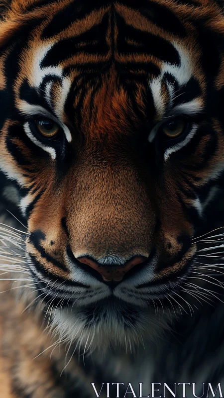 Macro frontal portrait of Bengal tiger face with sharp focus
