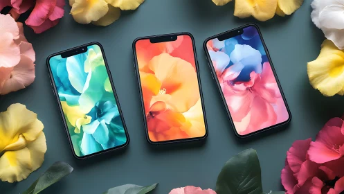 Three Smartphones Display Colorful Floral Wallpapers Surrounded by Blooms