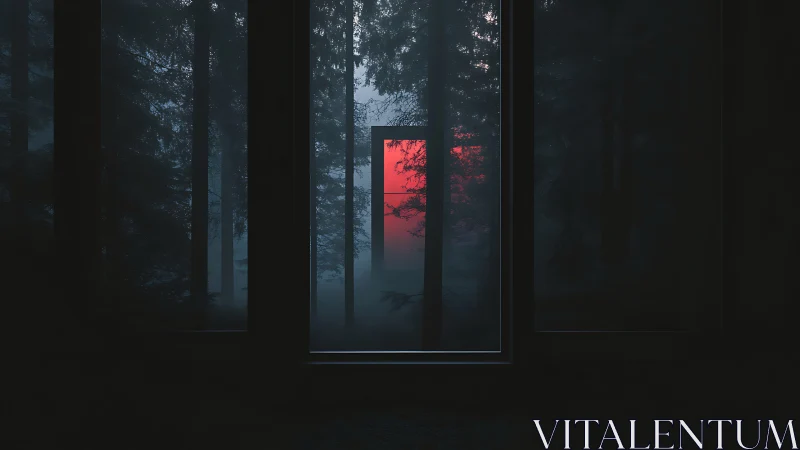Red Sun Bleeds Through Misty Forest Frame Windows.