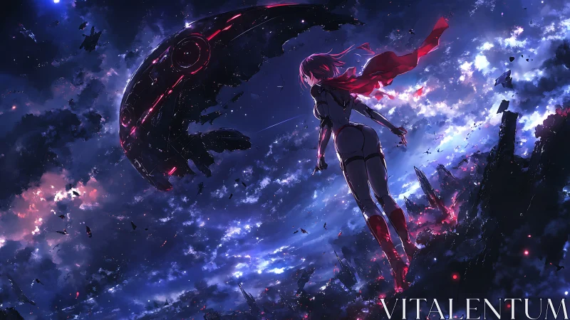 Red haired space heroine confronts colossal alien warship