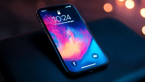 Black Smartphone with Vibrant Gradient Lock Screen Display