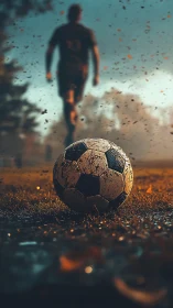 Muddy soccer ball glows under dramatic sunset rain