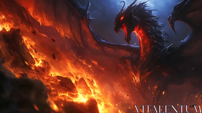 Fierce fire dragon rises boldly above swirling molten lava