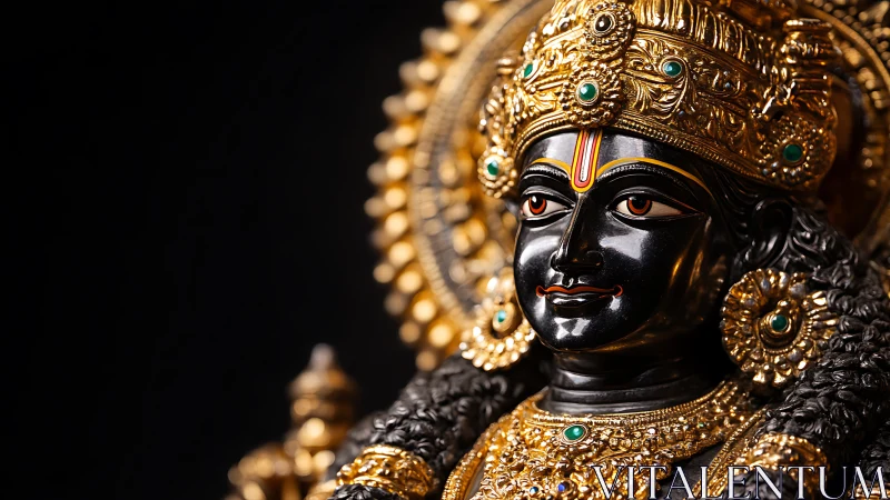 Gilded black stone deity bust in dramatic studio lighting