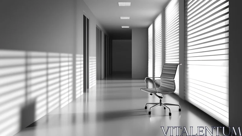 Monochrome corridor with office chair and window blinds.