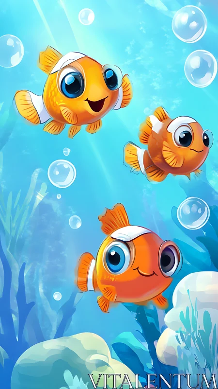 Cartoon clownfish trio in stylized blue coral reef habitat