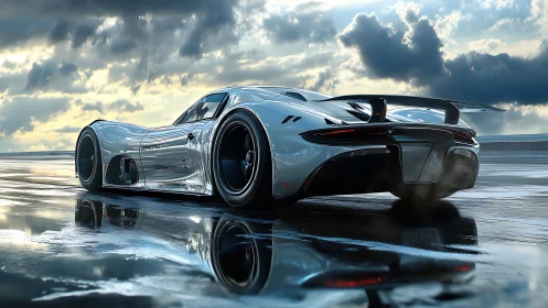 Futuristic hypercar glides across wet asphalt under stormy skies