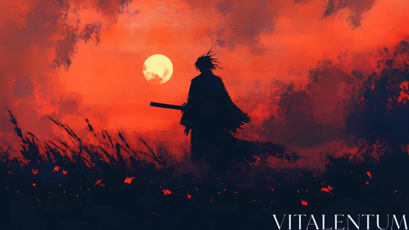 Lone dusk ronin beneath a burning crimson sky of omens.