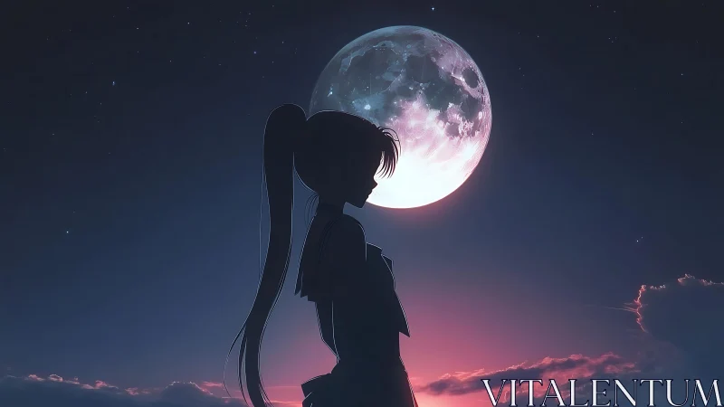 Silhouetted anime girl stands before large moon at dusk