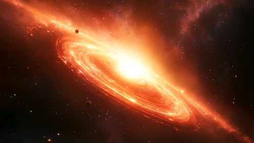 Fiery galactic disk with bright central cosmic vortex.