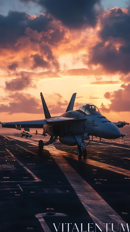 Carrier-based fighter jet taxiing under cinematic sunset light.